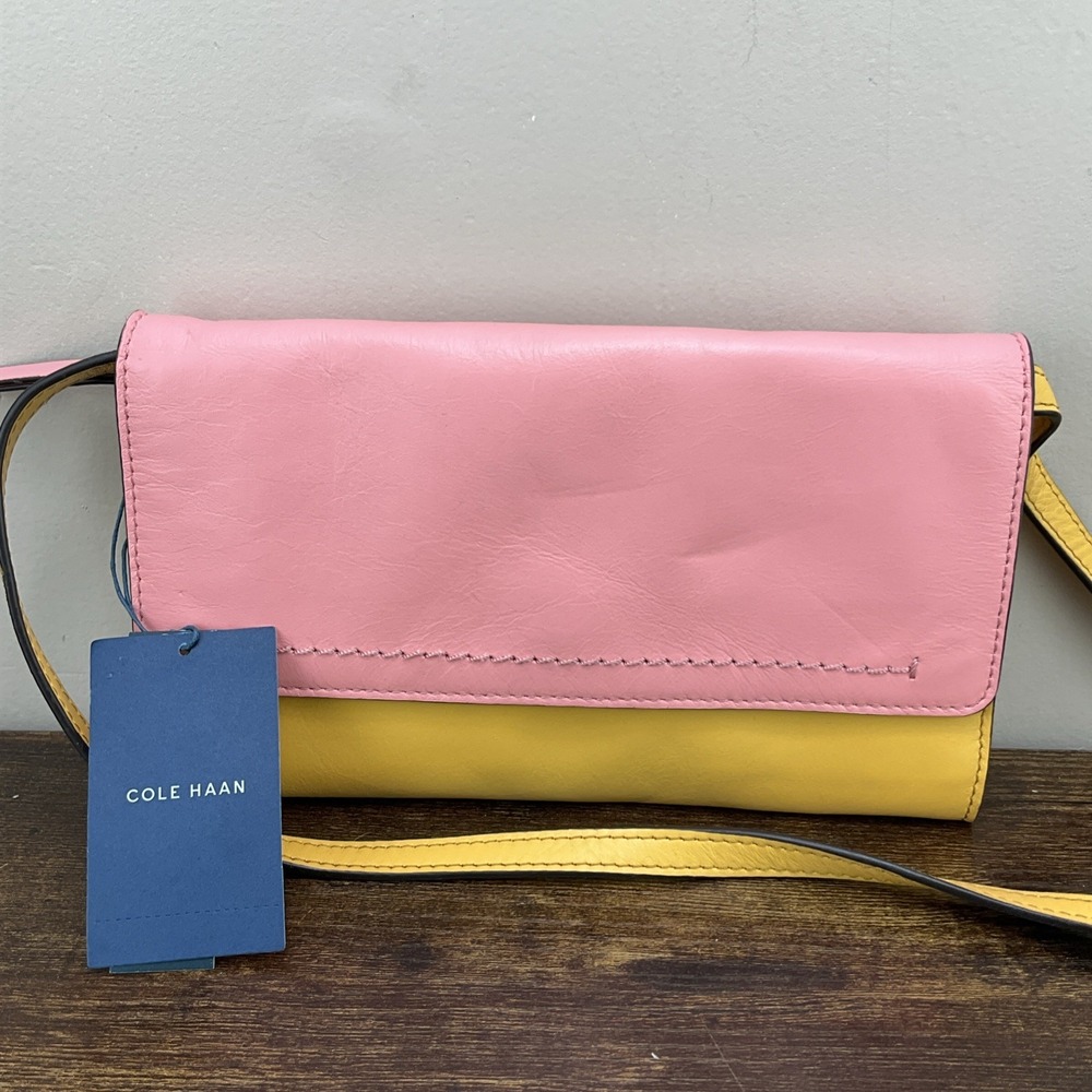 New Cole Haan Leather Clutch Purse Crossbody Colorblock Pink & Yellow